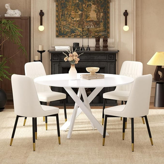 RGZ Mid Century White Round Dining Table Set for 4, 47" Large Wooden Circle Kitchen Table & 4 White PU Leather Kitchen Chairs, Dinner Table Set for Home, Apartment, Dining Room
