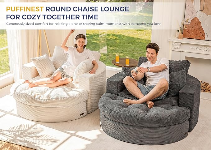 MAXYOYO Oversized Round Chaise Lounge Sofa, Upholstered Lounge Chair with 3 Pillows, Boneless Sofa Couch with Ottoman, Deep Seat Chair for Living Room, Bedroom, No Assembly, Beige