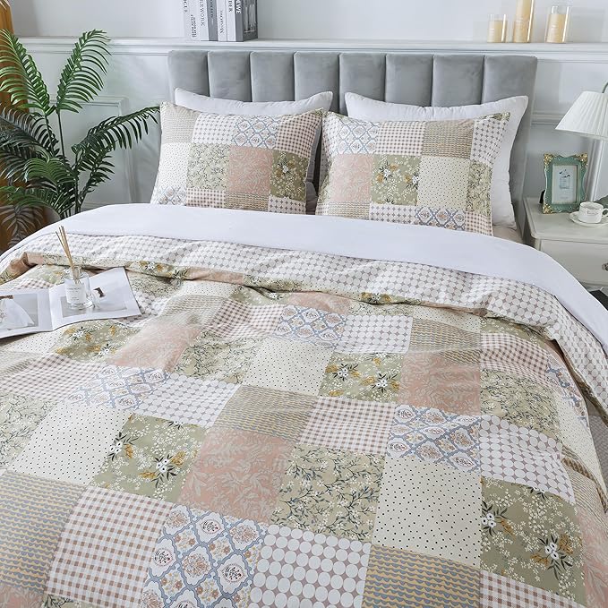 HoneiLife Duvet Dover Queen Size - 100% Cotton Comforter Cover, Checkered Bedlinen Set with Zipper Closure & Corner Ties, 3-PC Rustic Comforter Cover Sets