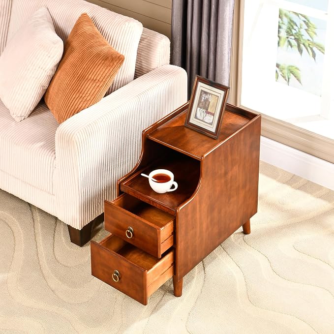 2-Set Solid Hardwood End Table with 2 Drawers, Traditional Beside Table with Pull-Out Coffee Tray, Modern Vintage Sofa Chair Side Table Nightstand for Living Room Bedroom, Cherry Brown Accent Table