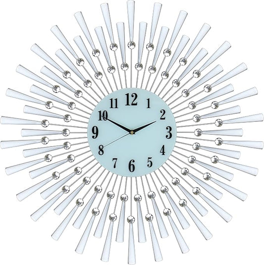 Large Silver Spoke Sunburst Wall Clock with Crystal Accents