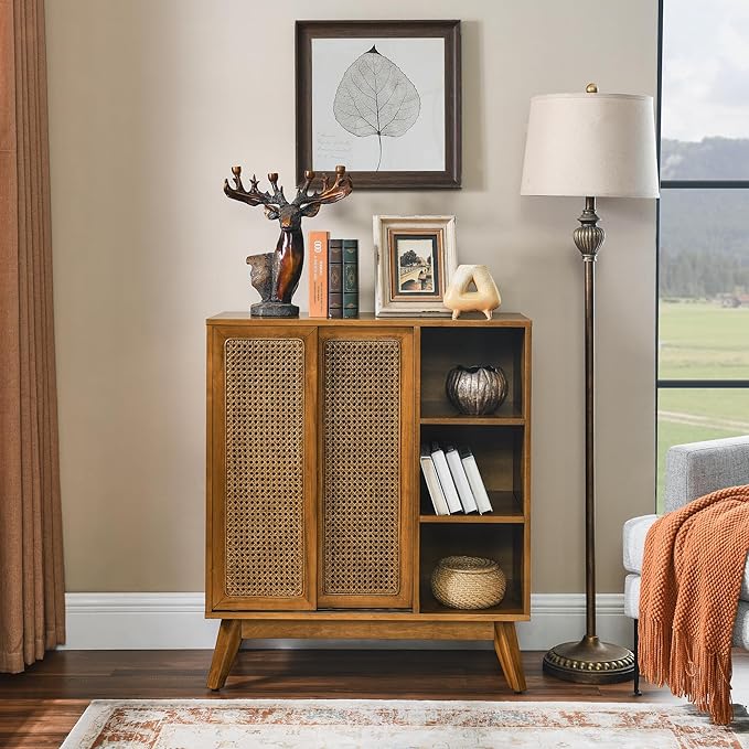 LKTART Mid Century Modern Storage Cabinet with Rattan Sliding Doors and Open Shelves, Boho Style Wooden Sideboard Buffet for Living Room,Light Walnut