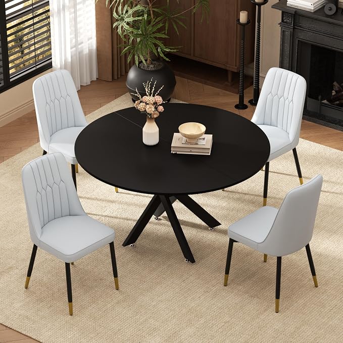 RGZ Mid Century Black Round Dining Table Set for 4, 47" Large Wooden Circle Kitchen Table & 4 Light Gray PU Leather Kitchen Chairs, Dinner Table Set for Home, Apartment, Dining Room