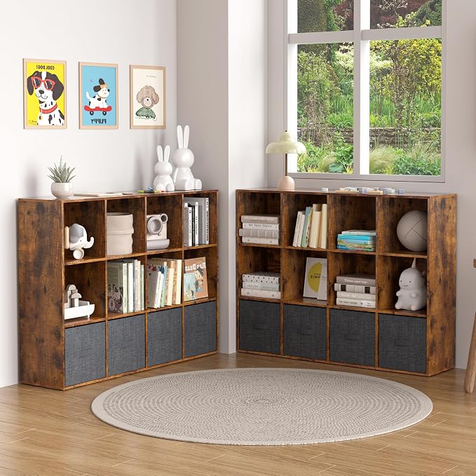 Wooden 12 Cube Storage Organizer with Closed Back Panel,Brown Cube Shelf Cubby Storage Organizer with Compartments for Living,Bookshelf, Easy to Install (Retro Brown, 12-Cube-11in)