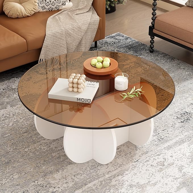 Glass Coffee Table, Mid Century Modern Design, 31.5'' Modern Round Tempered Glass Coffee Tables for Living Room, Cocktail Table for Small Space Home Office. (White + Brown)