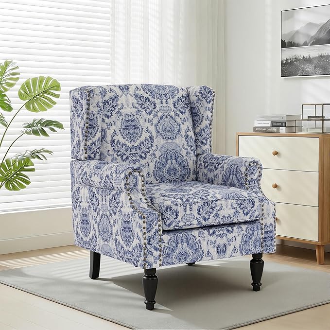Wingback Chair, High Back Floral Accent Chair in Fabric, Comfy Upholstered Armchair with Nailhead Trim for Living Room, Single Sofa Reading Chair for Small Spaces, Bedroom-Navy