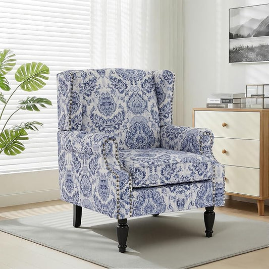 Wingback Chair, High Back Floral Accent Chair in Fabric, Comfy Upholstered Armchair with Nailhead Trim for Living Room, Single Sofa Reading Chair for Small Spaces, Bedroom-Navy