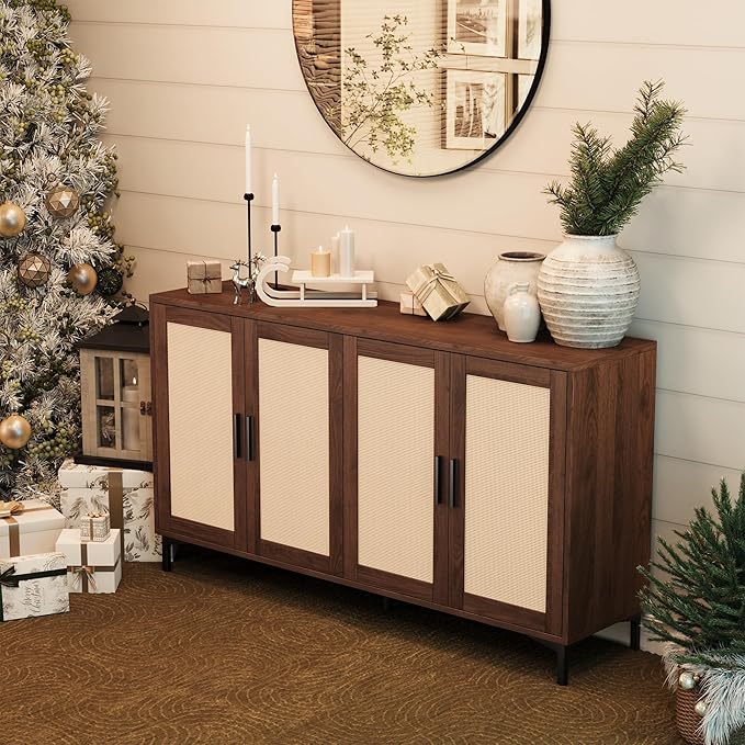 JASIWAY Buffet Cabinet with Storage, 48" Rattan Sideboard with Adjustable Shelves, Modern Coffee Bar Cabinet Console Table with Doors, Credenza for Kitchen, Living Room, Entryway, Dining Room, Walnut