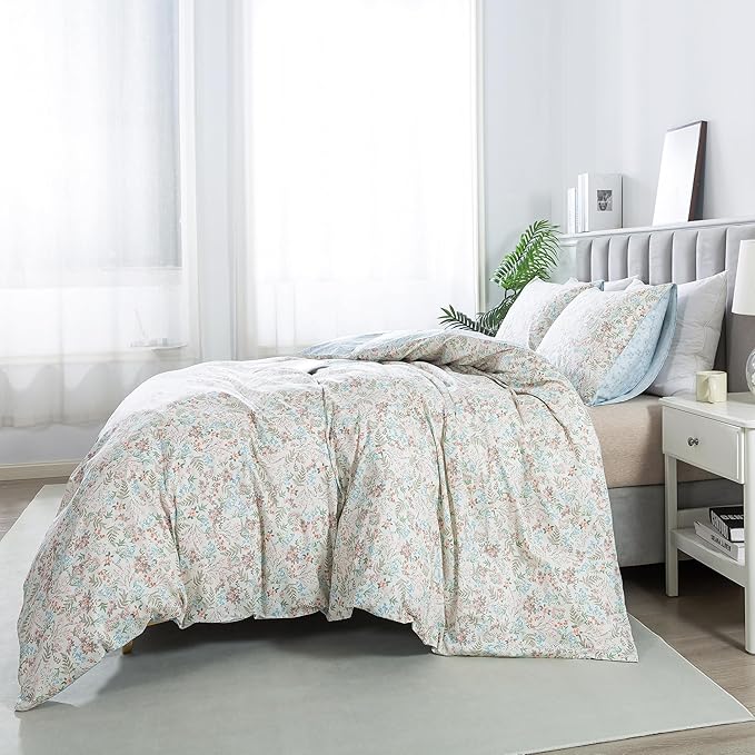HoneiLife Wildflower Duvet Cover Queen - 100% Cotton Comforter Cover Sets, 3-PC Comfortable Floral Bedlinen Set, Botanical Duvet Cover with Zipper Closure & Corner Ties