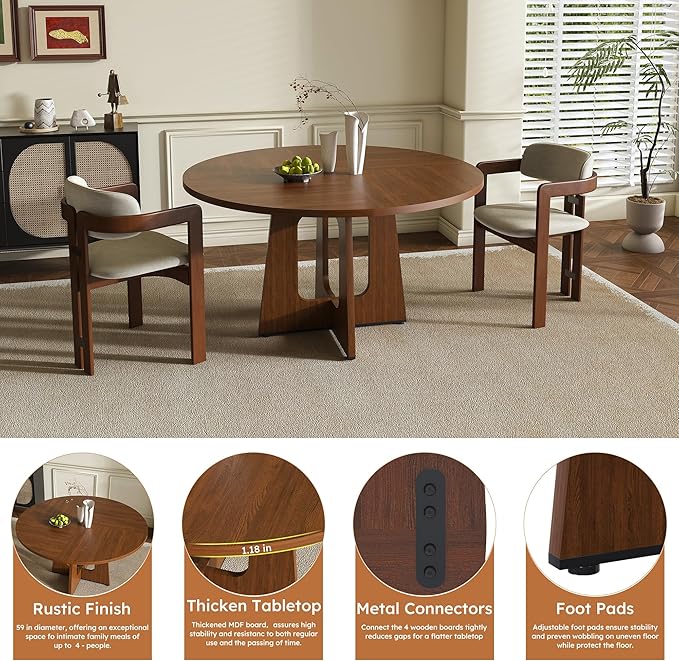 47" Round Dining Table for 4-6,Mid Century Modern Walnut Wood Grain Table,Rustic Kitchen Table with Cross Legs for Dining Room Kitchen