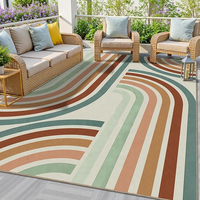 Indoor Outdoor Area Rug, Mid Century Modern Multicolored Outdoor Patio Rug,Washable Abstract Art Rainbow Rugs Non-Slip Carpet for Camping, Bedroom, Deck(5x8)