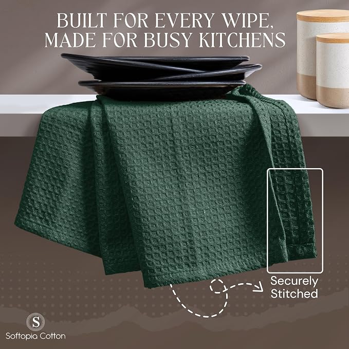 Forest Green Kitchen Towels – Waffle Weave, 100% Cotton, Soft & Absorbent, Fast Dry, Durable, 16x26 Inches, Perfect for Dish Drying, Cleaning, and Everyday Use, Set of 4, Olive Green