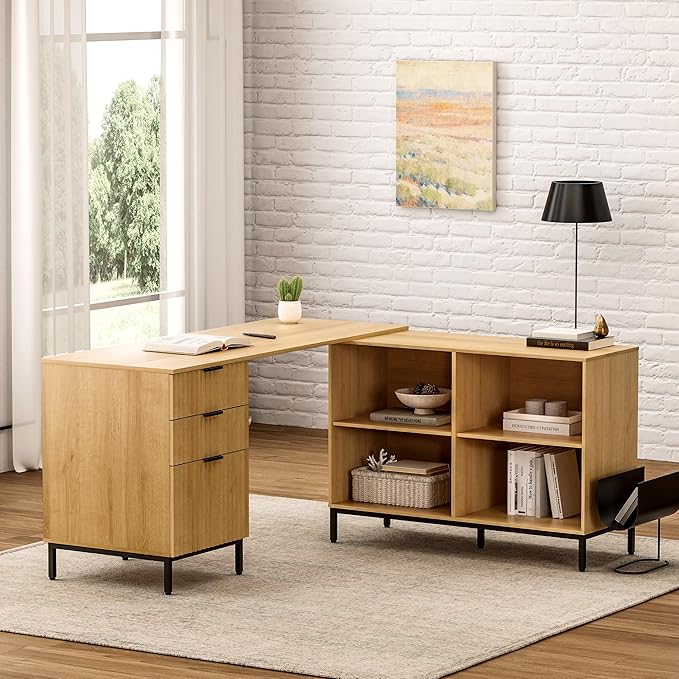 60" L Shaped Fluted Desk, Computer Desk with Movable Storage Cabinet Home Office Desk with 3 Drawers Metal Legs Corner Desk for Gaming Study, Natural Oak