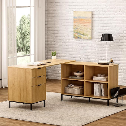 60" L Shaped Fluted Desk, Computer Desk with Movable Storage Cabinet Home Office Desk with 3 Drawers Metal Legs Corner Desk for Gaming Study, Natural Oak