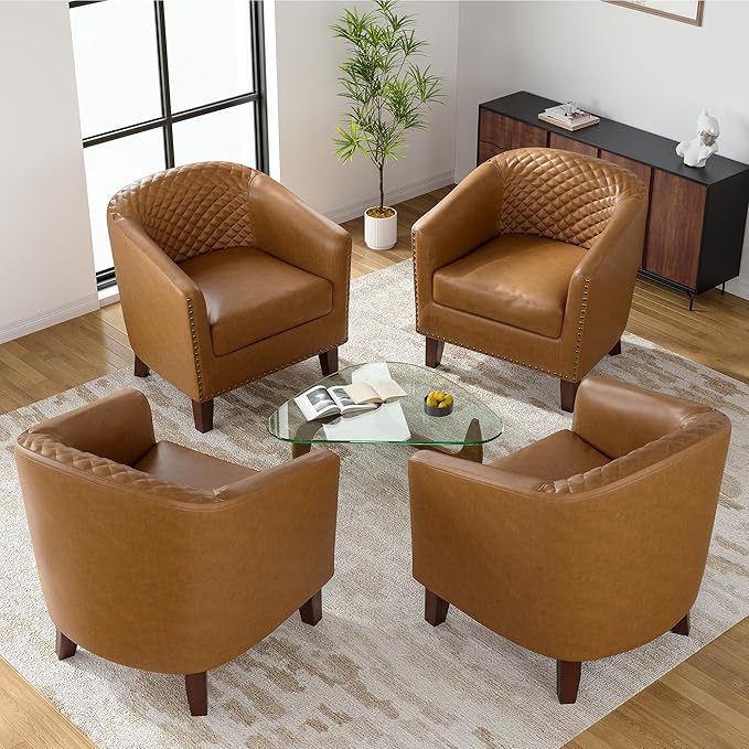 UIXE Faux Leather Accent Chairs Set of 2, Barrel Club Chair Upholstered Armchair for Living Room, Comfy Modern Round Arm Chair Bedroom Side Reading Seat - Coffee Brown