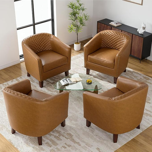 UIXE Faux Leather Barrel Accent Chairs Set of 4, Upholstered Armchair Club Chair for Living Room, Comfy Round Single Sofa Bedroom Side Reading Seat - Coffee Brown