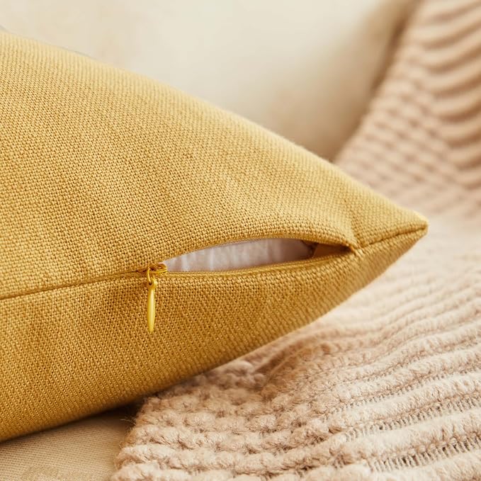 ZeeMart Rustic Cotton Linen Throw Pillow Covers Set of 2, 16x16 Inch Yellow, Farmhouse Style Decorative Couch Pillow Cases Cushion Covers for Sofa Bed Living Room Home Decor