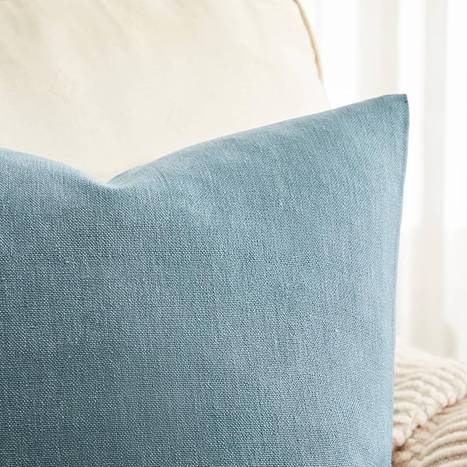 ZeeMart Rustic Cotton Linen Lumbar Throw Pillow Covers Set of 2, 12x20 Inch River Blue, Farmhouse Style Decorative Couch Pillow Cases Cushion Covers for Sofa Bed Living Room Home Decor