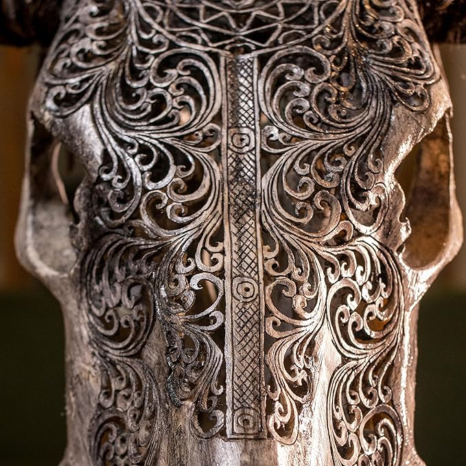 Skull Bliss - Hand-Carved Real Authentic Taxidermy Cow Skull/Bull Skull Wall Decor with Horns/Real Animal Cow Skull Wall Decor (Hand-Carved Horns)