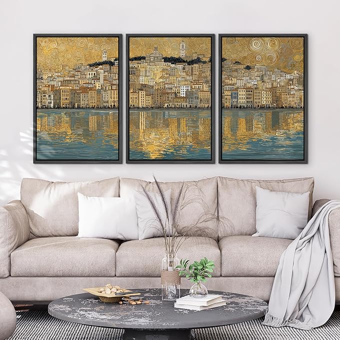 wall26 Framed Print Wall Art Set Golden Cityscape Reflection Gustav Klimt Inspired Coastal TownDecorative Minimal Relax/Zen for Living Room, Bedroom, Office - 16"x24"x3 BLACK