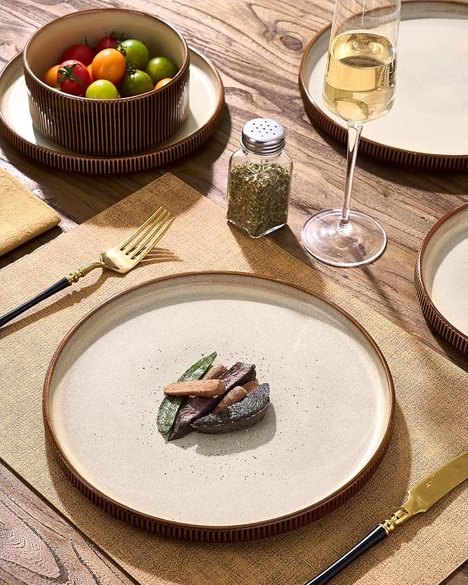 Stoneware Plates and Bowls Dishes Sets Service for 6 (18-Piece), Famiware Premium Handcrafted Reactive Glaze Dinnerware Set with Raised Rim, Scratch Resistant, Microwave Dishwasher Safe, Cream Cocoa