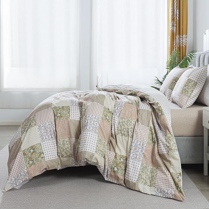 HoneiLife Duvet Dover Queen Size - 100% Cotton Comforter Cover, Checkered Bedlinen Set with Zipper Closure & Corner Ties, 3-PC Rustic Comforter Cover Sets