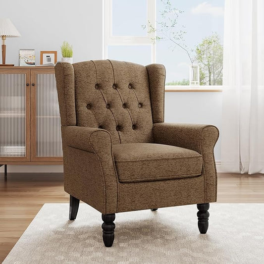 Accent Chair, High Back Upholstered Chair with Button Tufted, Mid-Century Modern Comfy Wingback Chair Reading Armchair in Fabric for Living Room for Bedroom, Office-Brown