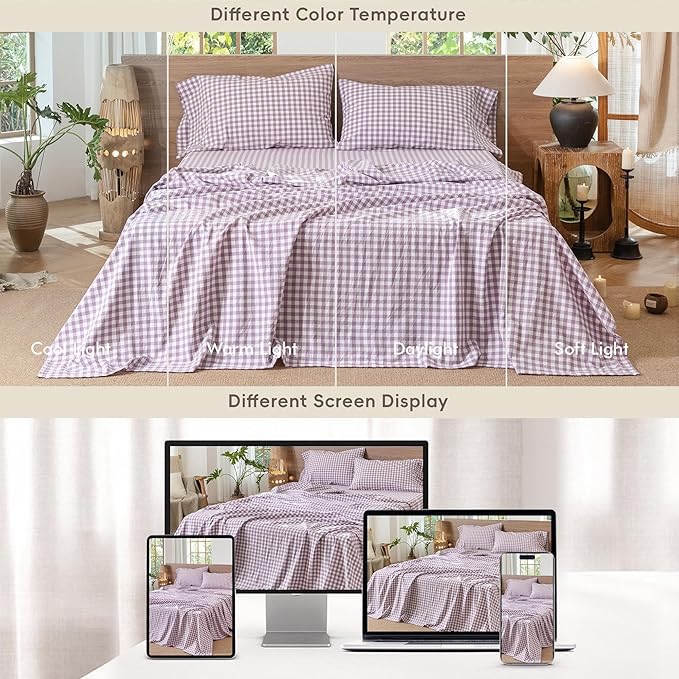 MooMee Gingham Sheet Set 100% Washed Cotton Linen Like Textured Breathable Soft w/Fully Elasticized 16-19" Deep Pocket (Classic Gingham Light Purple, Queen)