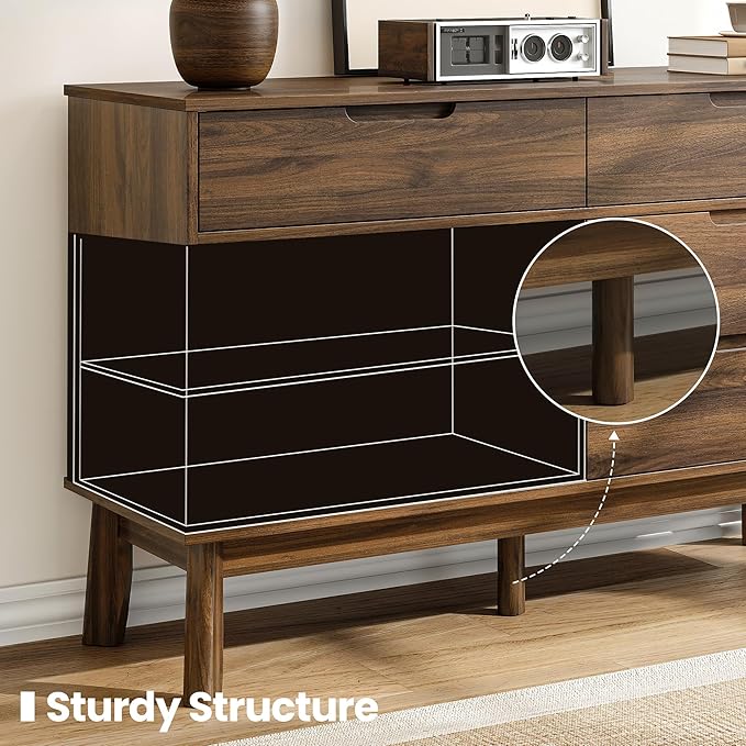 47" Wide Wooden Dresser for Bedroom, Mid-Century Modern 6 Drawer Double Dresser with Natural Wood Grain, Large Horizontal Storage Chest for Living Room, Anti-Tip Kit, Dark Walnut
