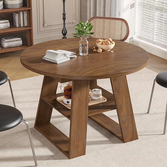 43.3in-59in Extendable Round Dining Table for 4-8, Modern Kitchen Oval Dining Table with Removable Leaves Space Saving, Wood Base with Storage Shelf for Kitchen Living Room, Walnut Style 2