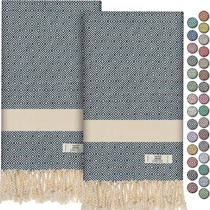 Hand Towels - Set of 2 | 18" x 30" - Decorative Turkish Hand Towel for Bathroom, Kitchen, Guest, Face, Hair, Tea, Dishcloth (Diamond, Navy Blue)