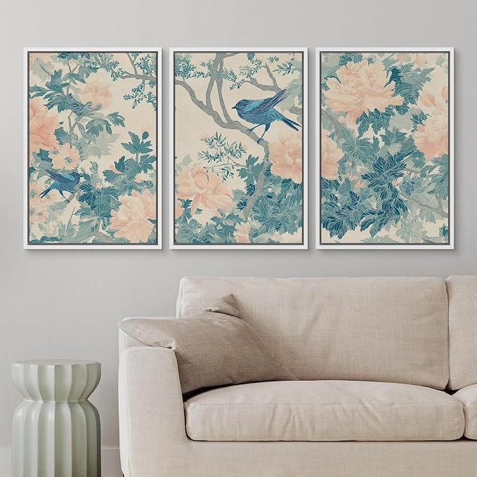 wall26 Framed Print Wall Art Set Elegant Blue Bird and Peony Floral Pattern Decorative Minimal Relax/Zen for Living Room, Bedroom, Office - 16"x24"x3 WHITE