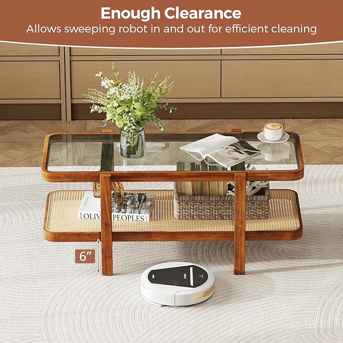 Giantex Rattan Coffee Table, 47.5" Rectangle Solid Wood Tea Table w/Tempered Glass Tabletop, Rattan Storage Shelf, 2-Tier Boho Coffee Tables, Farmhouse Center Table for Living Room (Brown)
