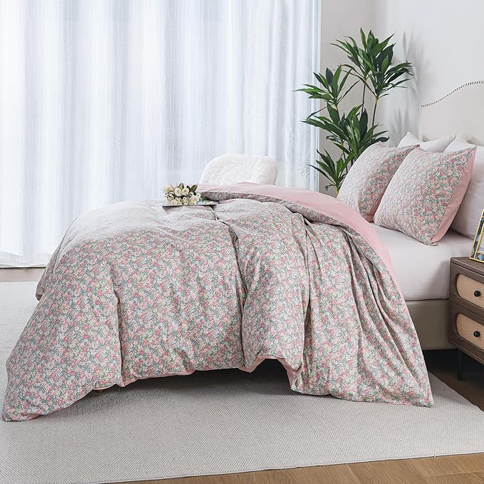 HoneiLife Floral Duvet Cover King - 100% Cotton Comforter Cover, Soft & Breathable Bedding Duvet Cover Sets with Zipper Closure & Corner Ties,3-Piece Wildflower Comforter Cover Sets, Rose