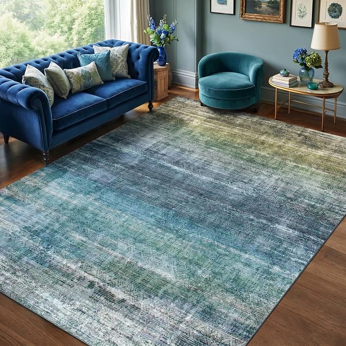Kokia Abstract Teal Area Rugs 8x10 Bedroom Soft Living Room Rugs Washable Distressed Vintage Comfy Carpet with Non-Slip Backing for Farmhouse Home Office Room Decor, Blue and Green