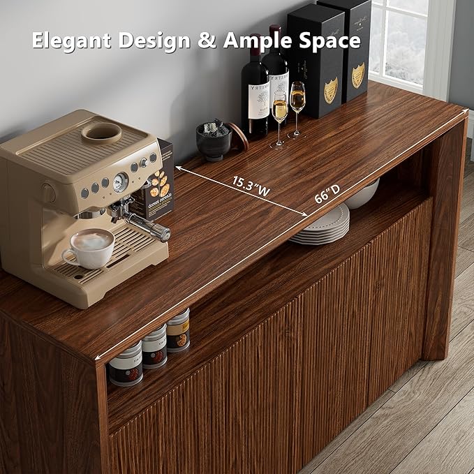66.2" Buffet Cabinet with Storage and led Lights,Modern Sideboard Cabinet with 4 Doors & Shelves,Fluted Media Console Mid Century Coffee Bar Table for Living Room Kitchen Dining Room,Walnut