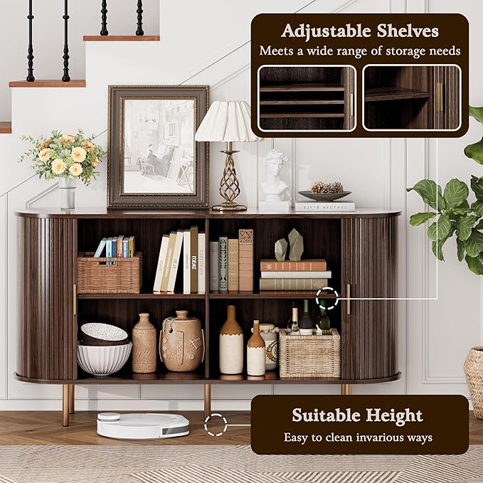 DHH Sideboard Buffet Cabinet with Storage,Mid Century Modern Fluted Accent Coffee Bar Console Table,Tambour Sliding Doors& Adjustable Shelf for Kitchen, Living Room, Entryway(Dark Walnut,55 Inch)