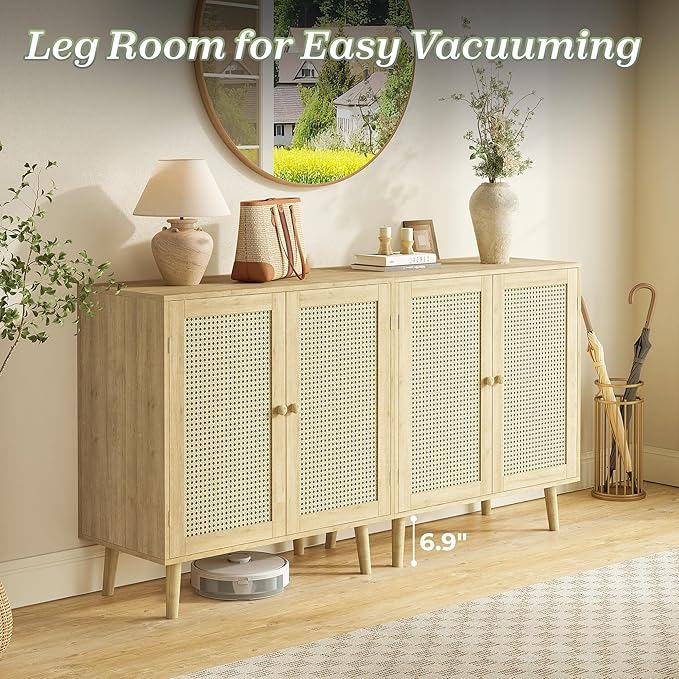 Huuger Buffet Cabinets with Storage, Set of 2, Storage Cabinets with Synthetic Rattan Doors, Accent Cabinet with Solid Wood Feet, Sideboard Cabinet for Hallway, Entry, Living Room, Natural