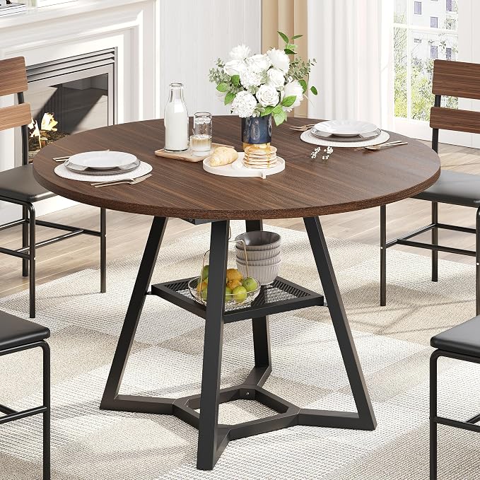 knoworld 47" Round Dining Table for 4, Kitchen Tables Dining Room Circle Dinner Table with Pedestal Metal Frame, Space Saving Wood Industrial Kitchen & Dining Room Tables, Walnut 47In