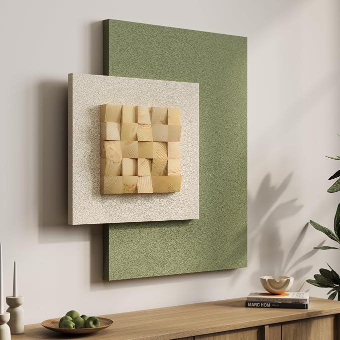 Large 3D Wood Wall Art for Living Room, Abstract Minimalist Geometric Wooden Blocks Artwork for Walls, Modern Sage Green Neutral Textured Paintings Wall Decor for Bedroom Dining Room Hallway Home Office