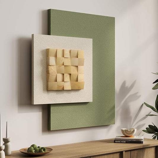 Large 3D Wood Wall Art for Living Room, Abstract Minimalist Geometric Wooden Blocks Artwork for Walls, Modern Sage Green Neutral Textured Paintings Wall Decor for Bedroom Dining Room Hallway Home Office