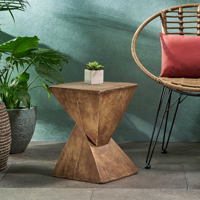 ø12.5'' Square Hourglass Side Table End Table for Living Room, Modern Retro Style, Magnesium Oxide & Light Weight for Indoor & Outdoor, No Assembly, Wood Grain, Natural