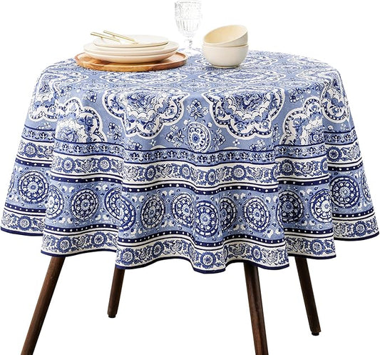 Maison d' Hermine Table Cloth Round Table 100% Cotton 69 Round Inches Tablecloth Reusable Decorative for Dining Room Farmhouse Home Valentines Day Decorations Spring Summer - Melodie Bleue