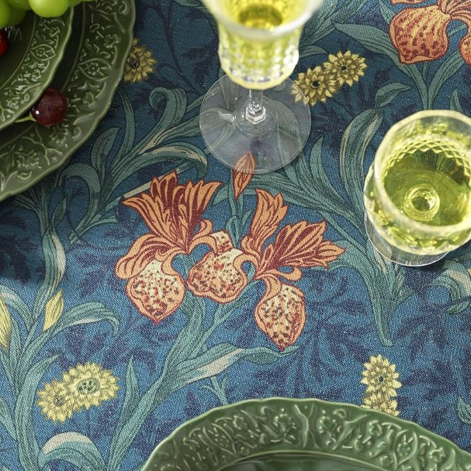 patdrea Designer Vintage Dark Blue Linen Rectangle Tablecloth,French Rustic Floral Pattern Tablecloths,Decorative Table Cover Cloth for Kitchen,Dining,Tea Party,Home,Christmas,63"*110"