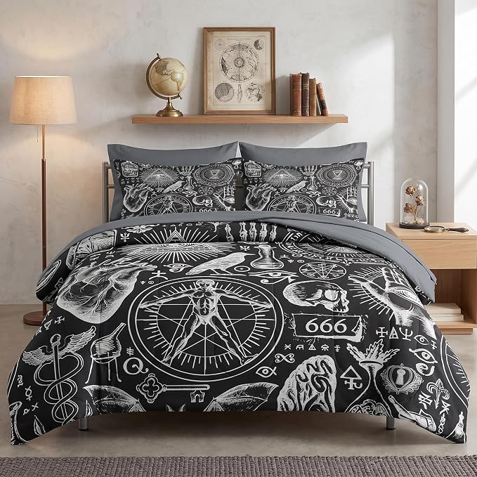 Nesker Comforter Set Full Size, Vintage Halloween 7 Pcs Bedding for Kids and Adults, Mysticism Alchemy Bed Sheet Sets with Fitted Sheet 2 Pillowcases & 2 Shams