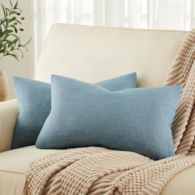 ZeeMart Rustic Cotton Linen Lumbar Throw Pillow Covers Set of 2, 12x20 Inch River Blue, Farmhouse Style Decorative Couch Pillow Cases Cushion Covers for Sofa Bed Living Room Home Decor