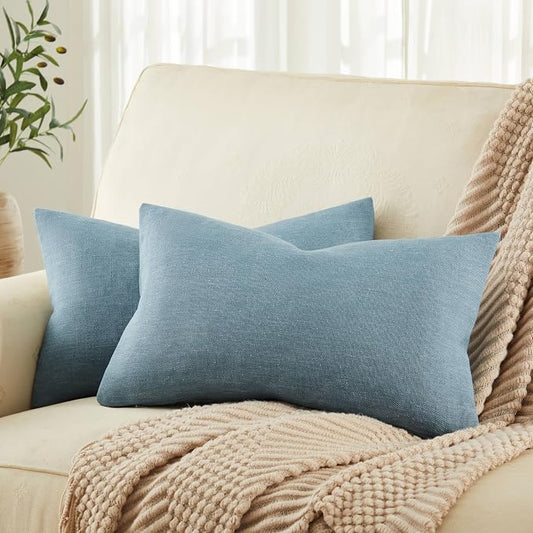 ZeeMart Rustic Cotton Linen Lumbar Throw Pillow Covers Set of 2, 12x20 Inch River Blue, Farmhouse Style Decorative Couch Pillow Cases Cushion Covers for Sofa Bed Living Room Home Decor