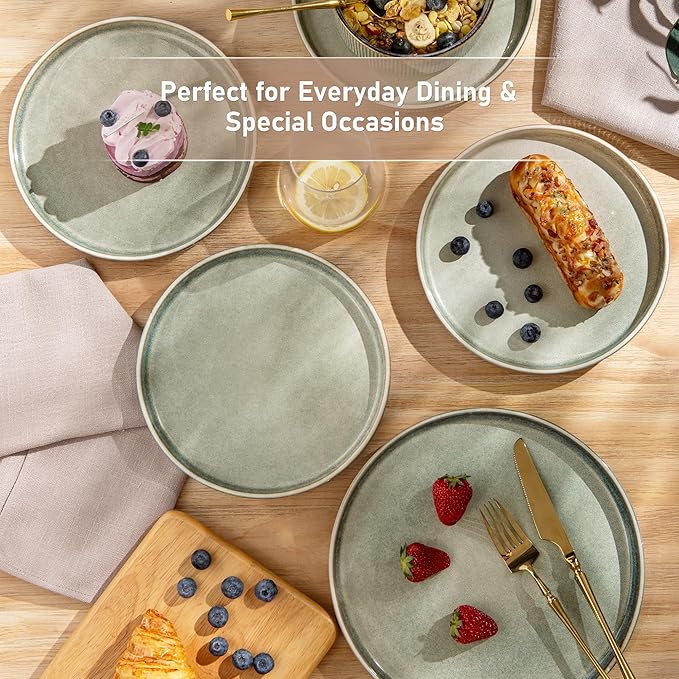 GBHOME 12-Piece Stoneware Dinnerware Set for 4 – Ribbed Ceramic Plates and Bowls, Scratch-Resistant, Microwave & Dishwasher Safe, Reactive Glaze, Desert Sage