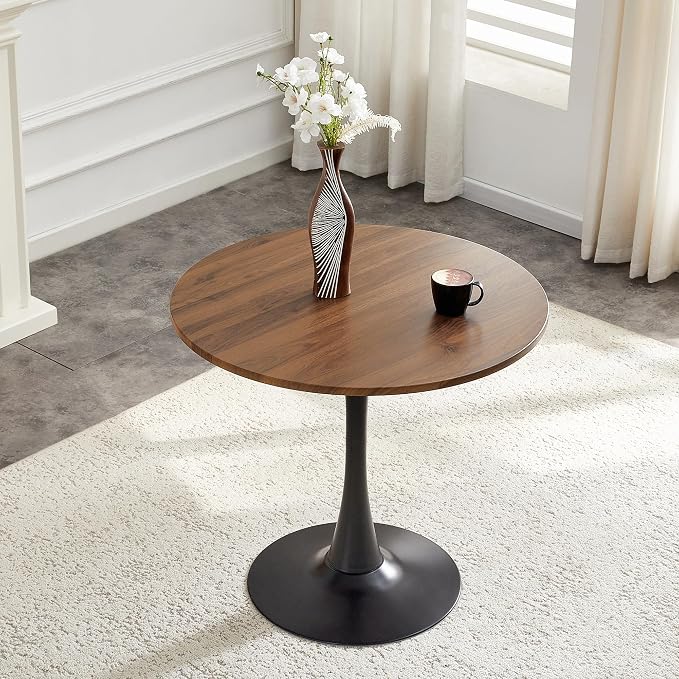 31.5 Inch Round Dining Table for 2-4 People with Walnut Tabletop,Mid-Century Walnut Tulip Kitchen Table, Pedestal Base Table for Small Space Kitchen Dining Room