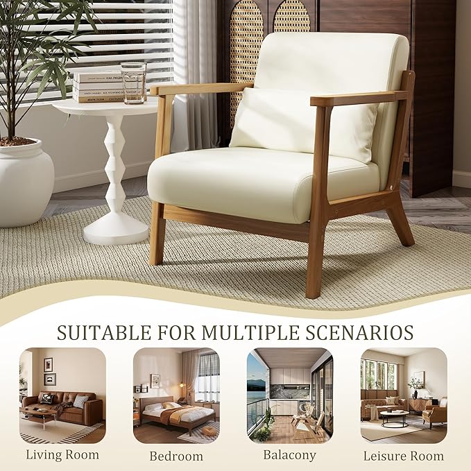 Modern Accent Chair and Ottoman Set, Mid-Century Faux Leather Upholstered Lounge Armchair with Solid Wood Frame & Comfortable Cushion for Living Room, Bedroom, Balcony, Beige